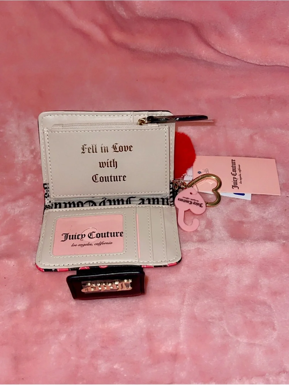 Juicy Couture Black Cherry Print Wallet with Red Cherry Pom Charm